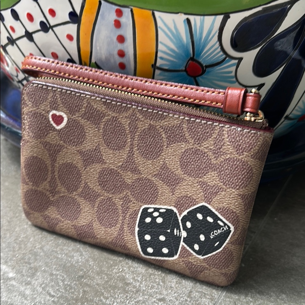 Coach Brown Wristlet with Dinosaur and Strawberry Patches - Picture 2 of 13